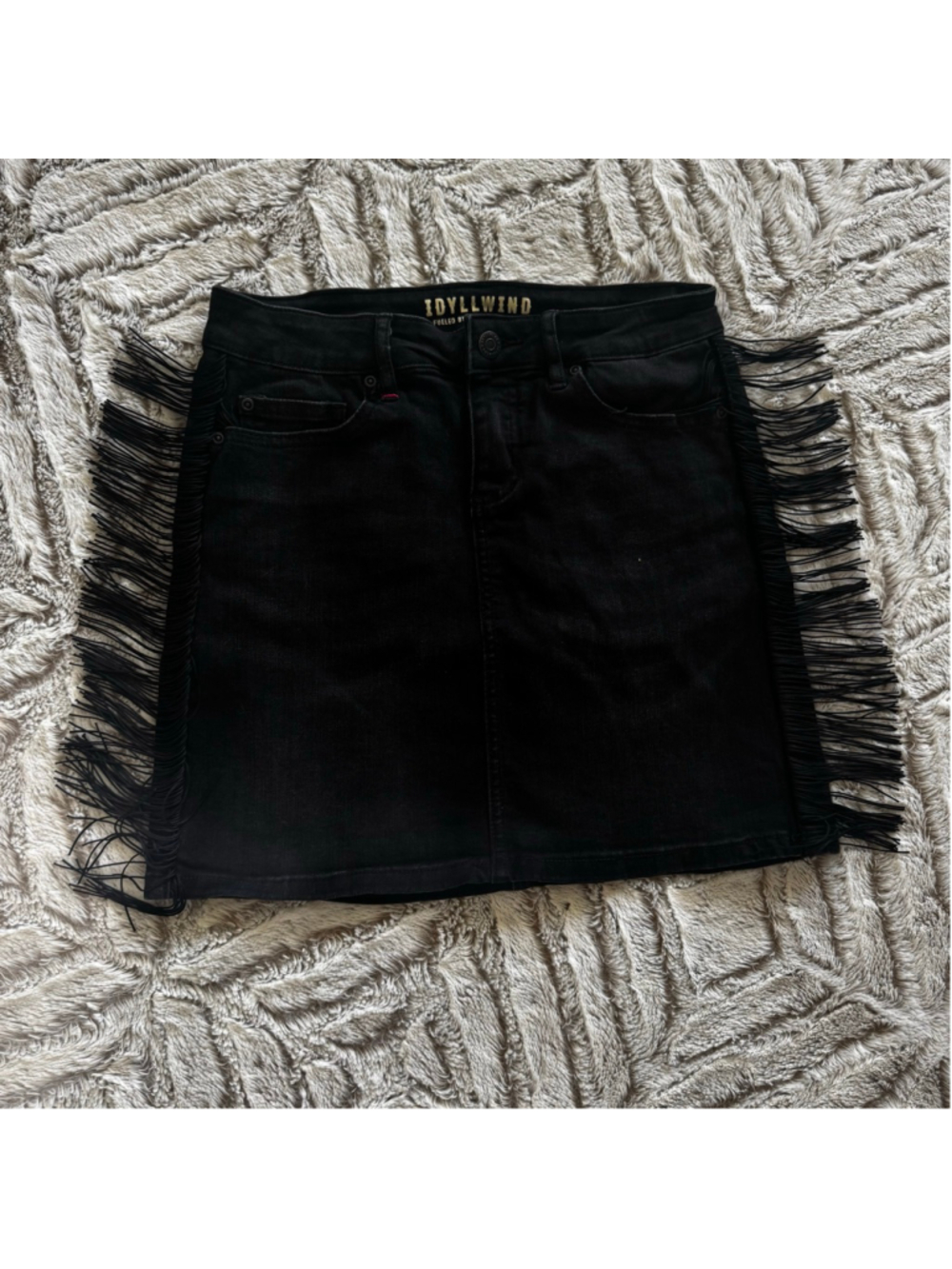 Idyllwind Fueled by Miranda Lambert Black Denim Mini Skirt With Fringe EUC XS
